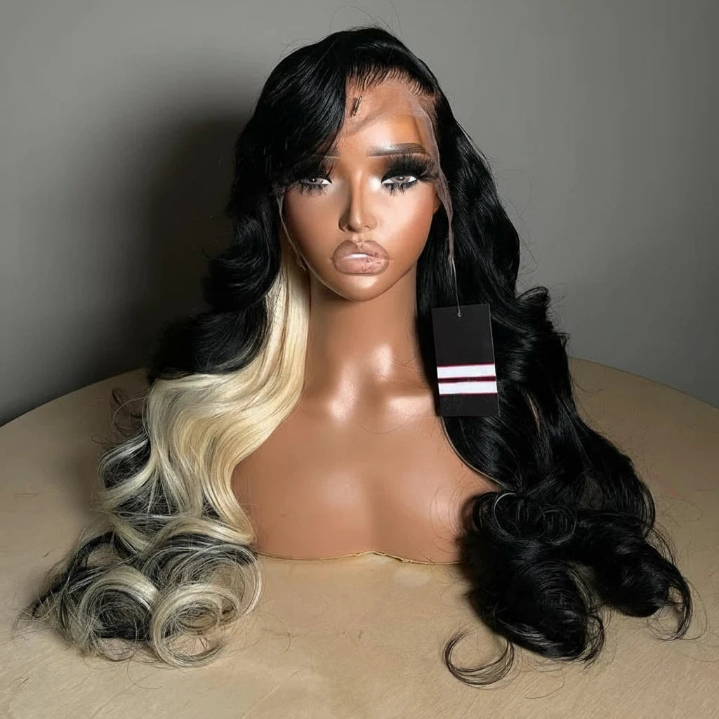 613 Blonde With Black Half Highlight 13X6 180 Density Human Hair 5X5 Lace Front Wig