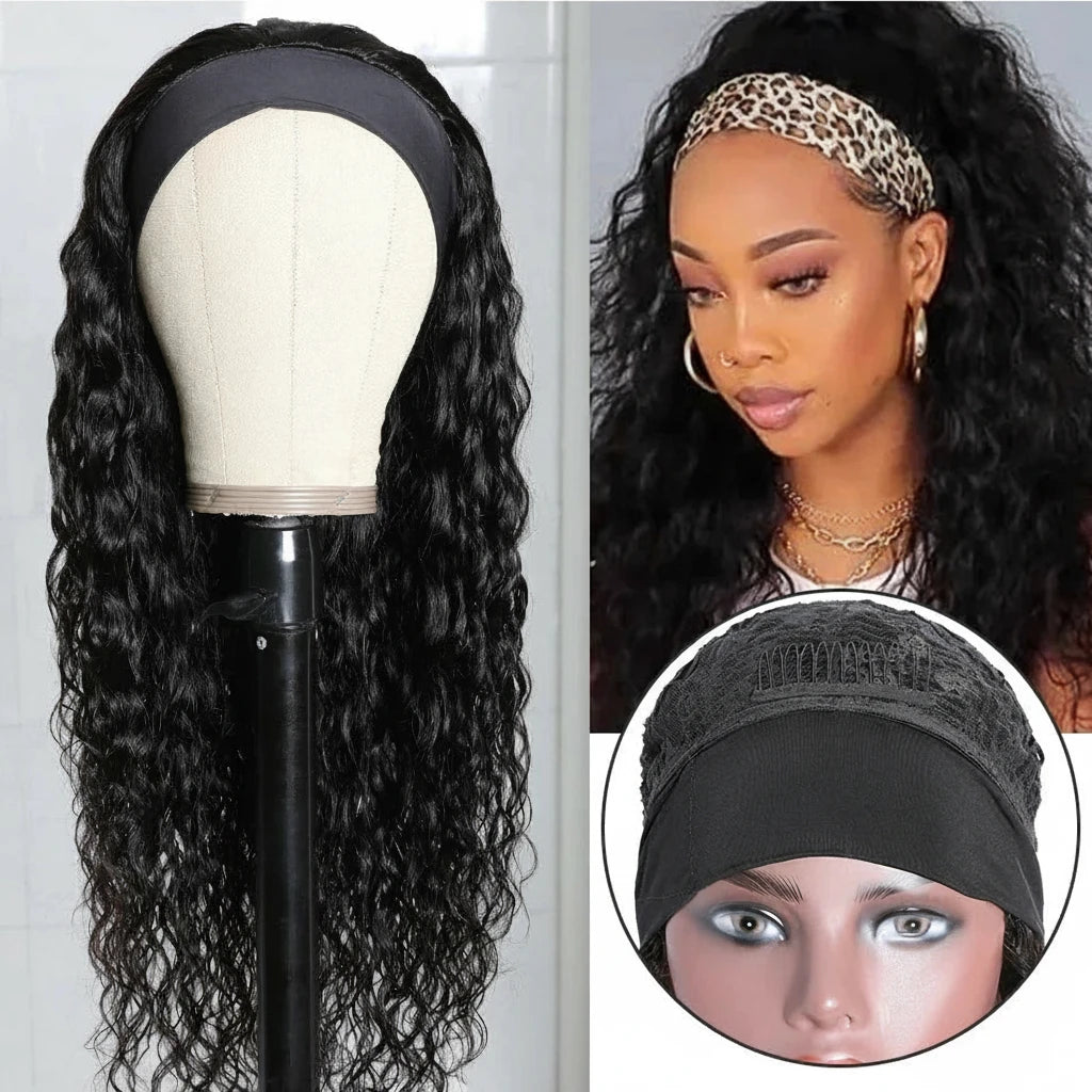 Headband Human Hair Water Wave Wig No Glue No Sew In Beginner Friendly
