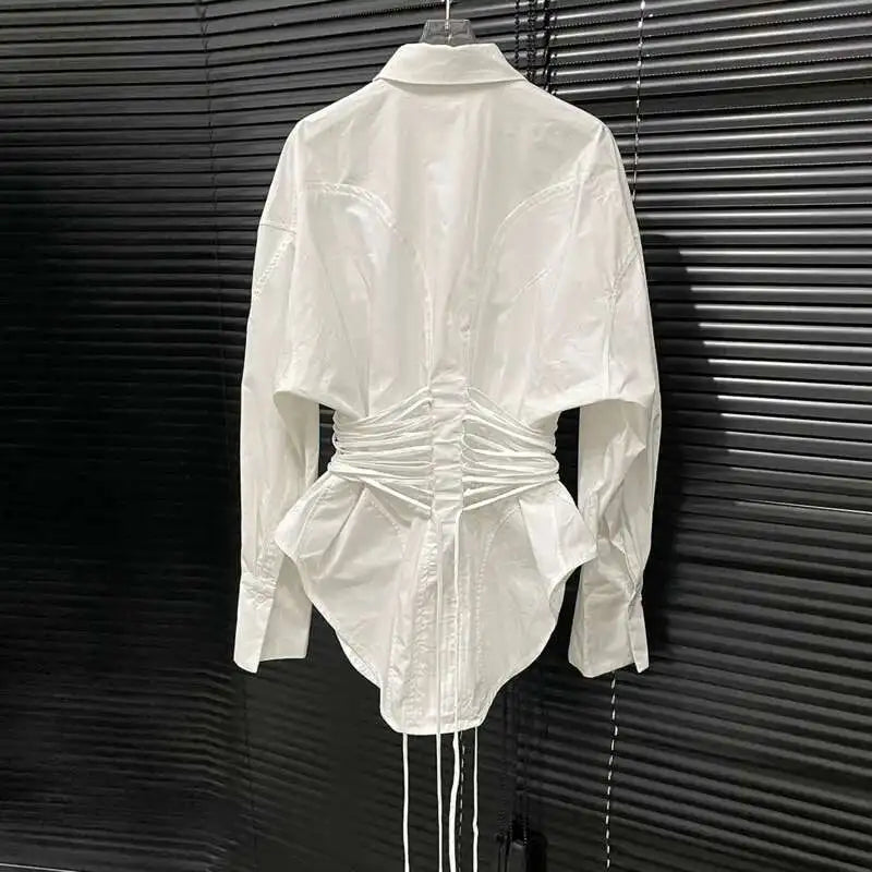 Women's Multiple Drawstrings Lapel Long Sleeves Blouse