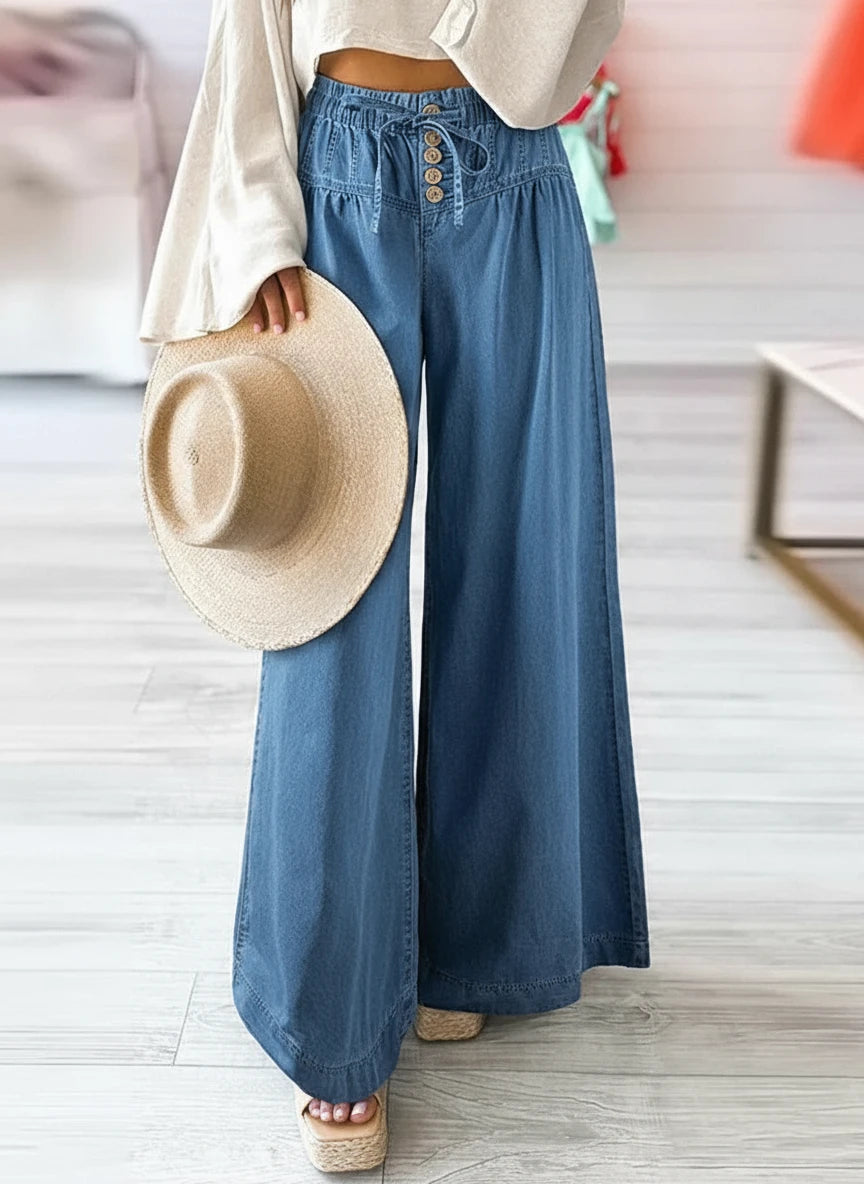 Plus Size Women's Wide Leg Casual Lace-Up Elastic Waist Solid Color Pants