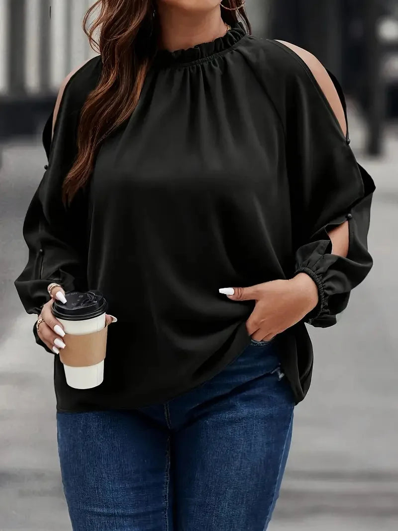 Plus Size Long Sleeve Slit Stand Collar Loose Casual Blouse