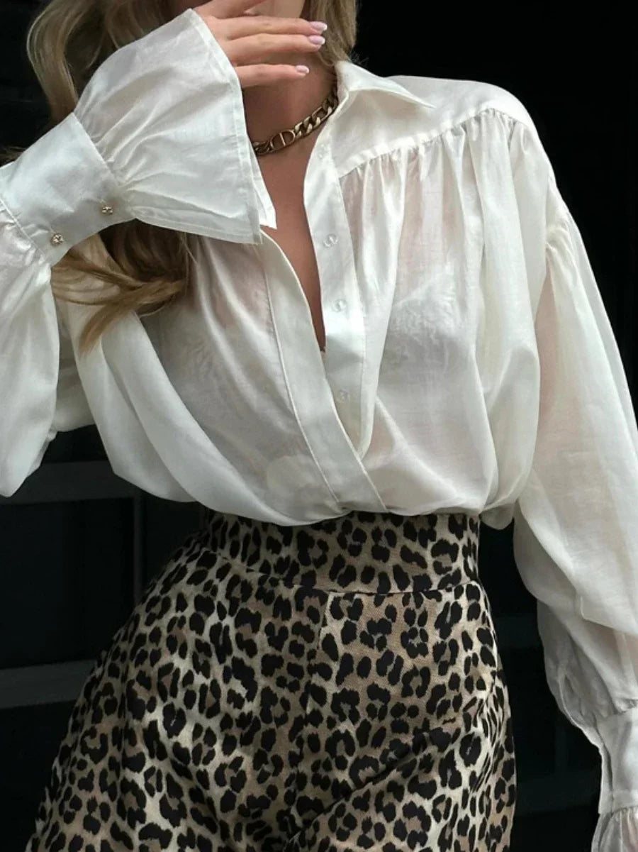 Loose Collared Solid Color Versatile Flare Sleeve Top Long Sleeved Blouse