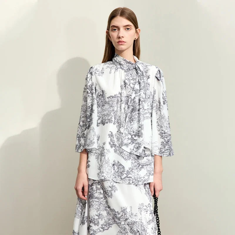 Women’s Minimalism Print Three-quarter Tied Shirts + Half-body Skirts