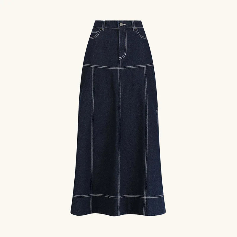 Women’s Lapel Pockets Short-sleeves Denim Shirt + A-line Long Denim Skirt Set
