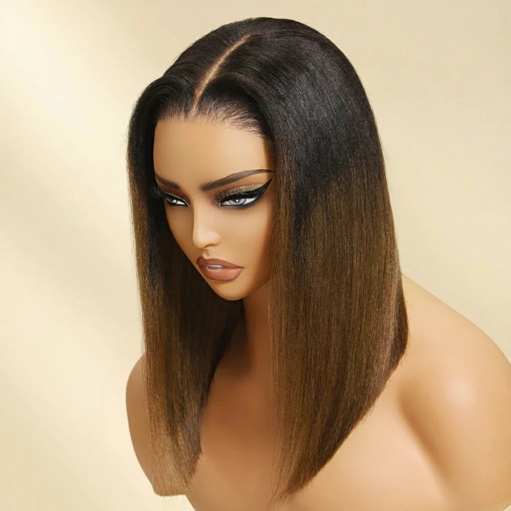 Chestnut Brown Yaki Straight Bob 7x5 Pre Cut Pre Bleached Glueless Wig Human Hair Ready To Wear