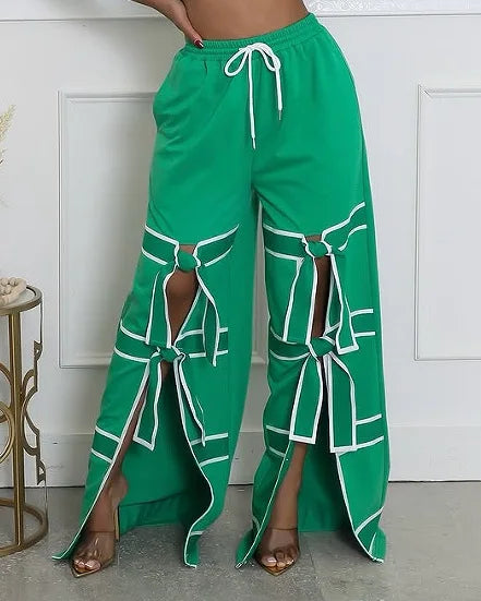 Women’s Striped Patchwork Bowknot Split Wide Pants