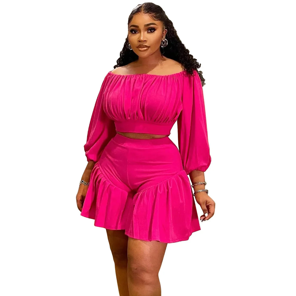 Plus Size Women's Long Sleeve Slash Neck Blouse and Shorts Set