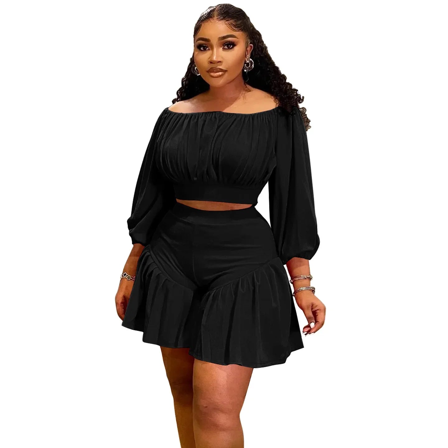 Plus Size Women's Long Sleeve Slash Neck Blouse and Shorts Set