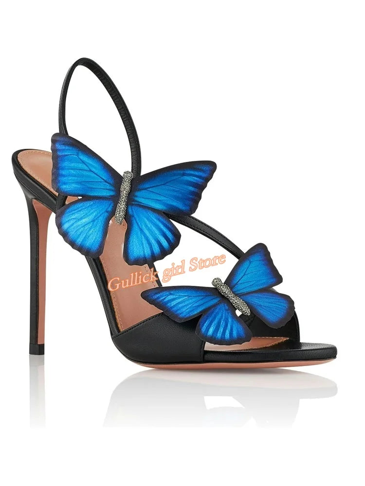 Butterfly Decor  Thin Open Toe Black Slingback Runway Women Shoes