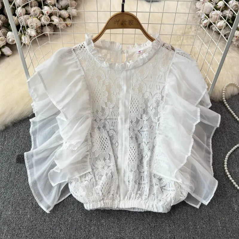 Women’s Stand Collar Lace Hollow Out Ruffles Blouse