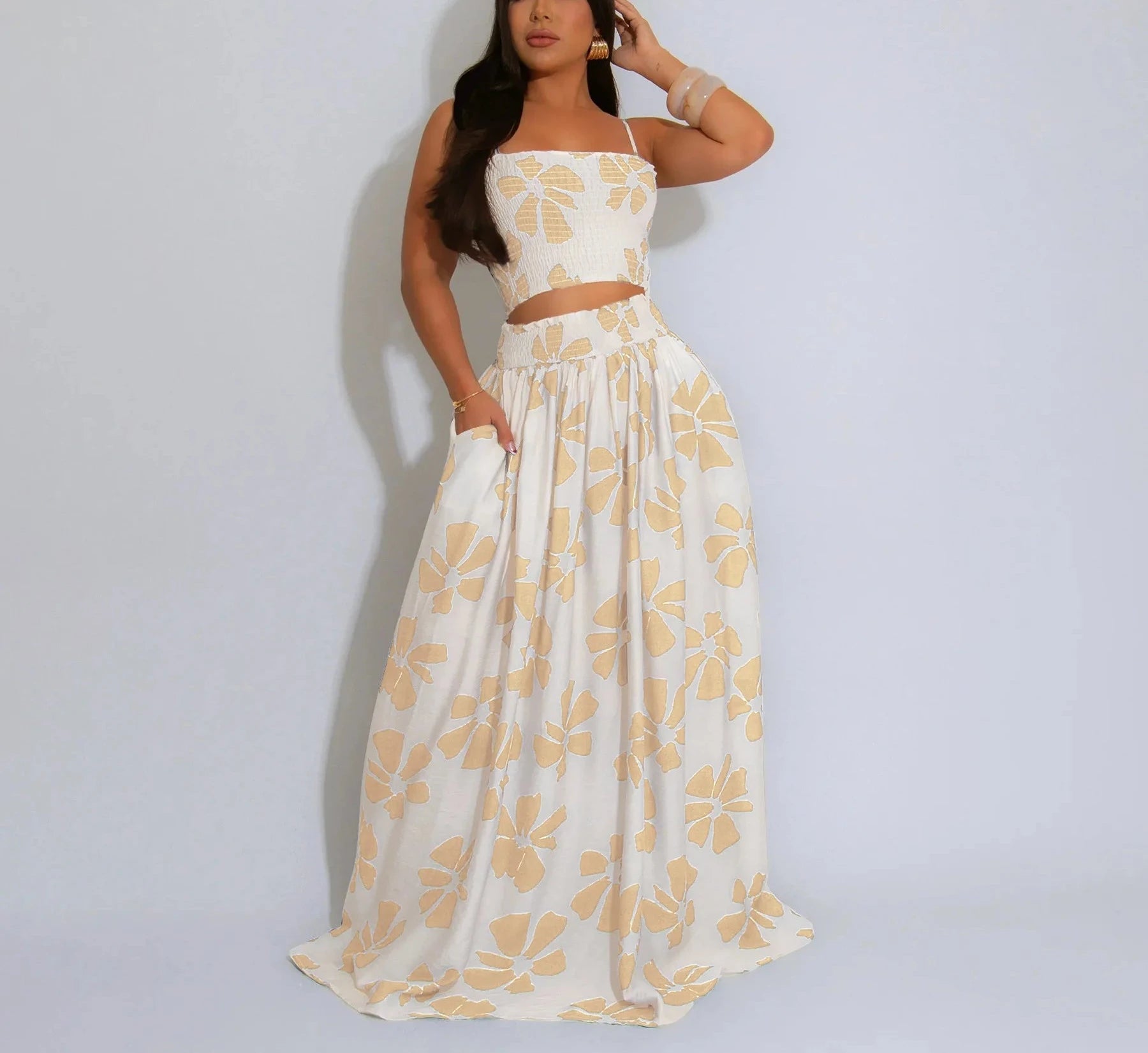 Women's Floral Strap Sleeveless Tank Top and Maxi Long Skirt