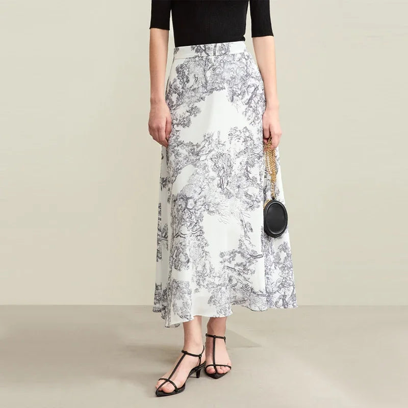 Women’s Minimalism Print Three-quarter Tied Shirts + Half-body Skirts