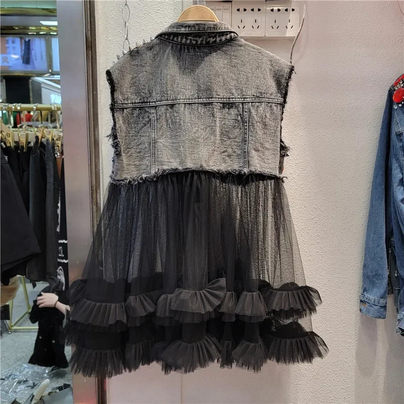 Women’s Rainbow Color Diamond Beaded Mesh Ruffles Splice Jean Jacket