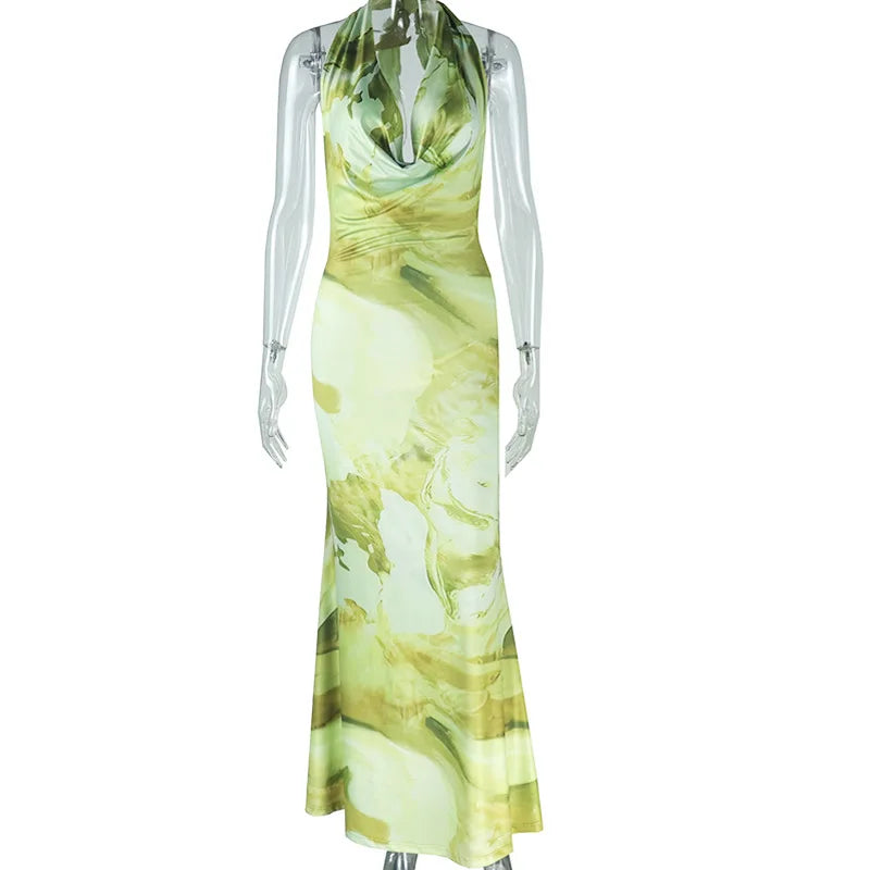 Women’s Sleeveless Ruched Print Halter V-neck High Waist Maxi Dress
