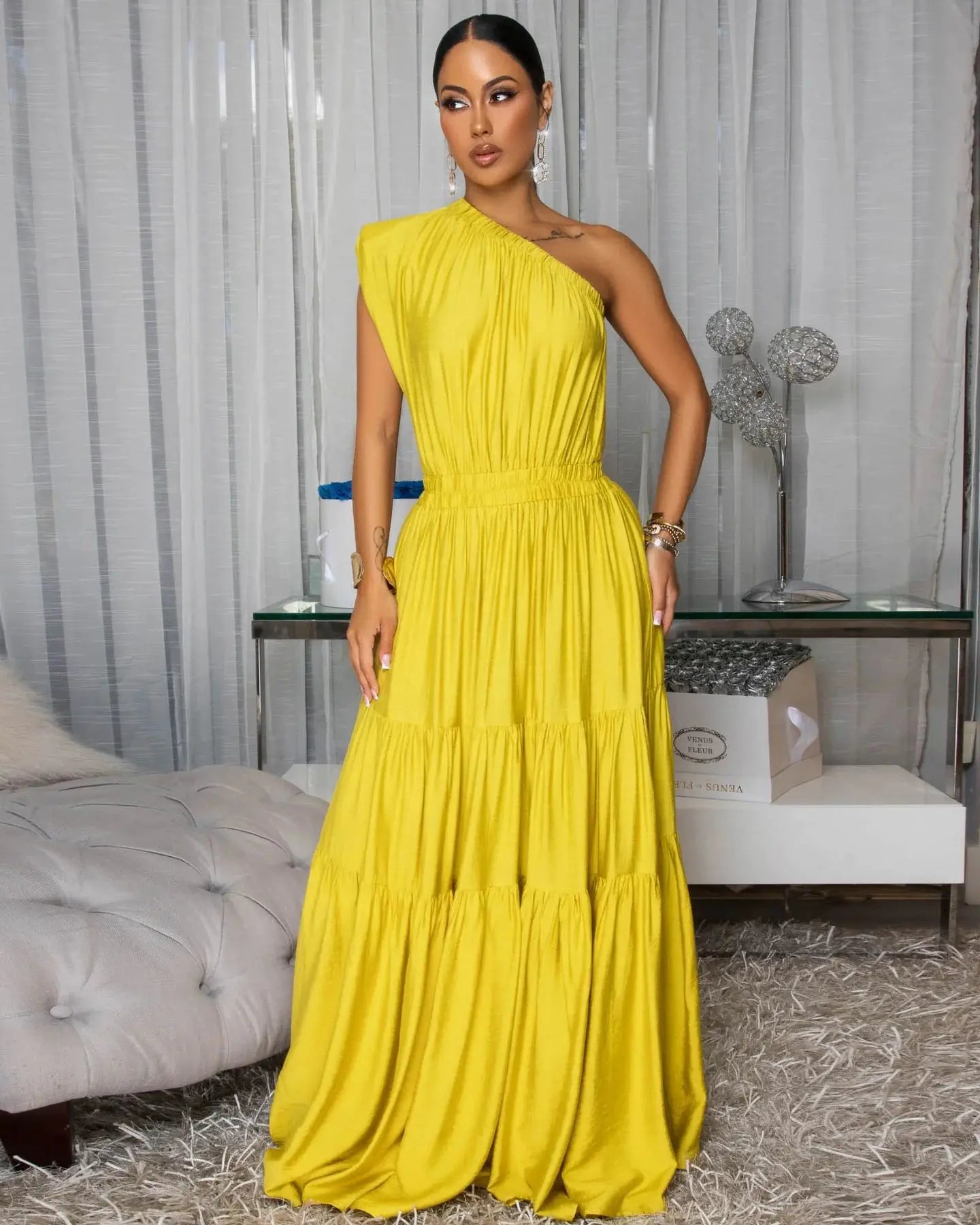 Women’s Sleeveless Skew Neck Ruched Maxi Dress