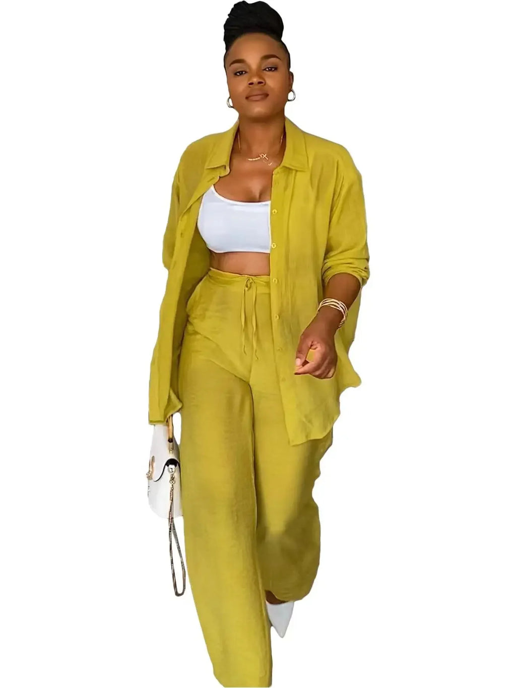 Women's Full Sleeve Single Breasted Shirts & Wide Leg Pants Set
