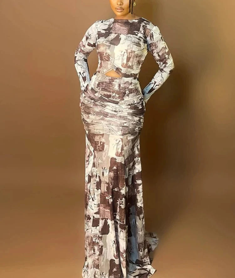Women’s Printed Ruched Long Sleeve Floor Length Cutout Maxi Dress