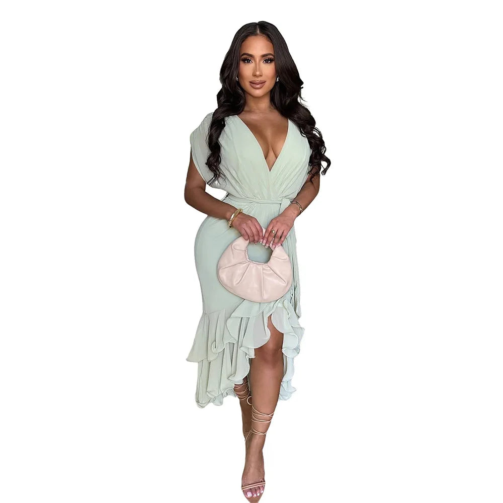 Women’s Wrap V-neck Ruched Batwing Short Sleeve Ruffles Side Split Irregular Maxi Dress