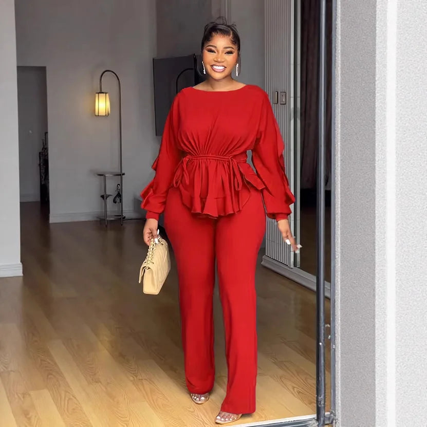Women's Long Sleeve Flare Ruffles Hem Blouse and Pants Set 2 Piece Set
