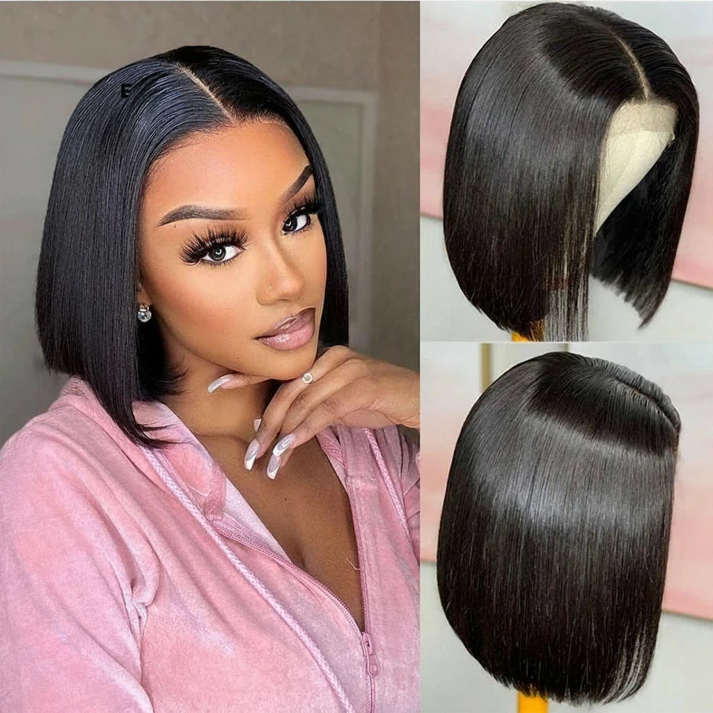 13x4 Lace Front Human Hair Blunt Cut Bob Wig, 4x4 Lace Closure Wig Short Bob Wig