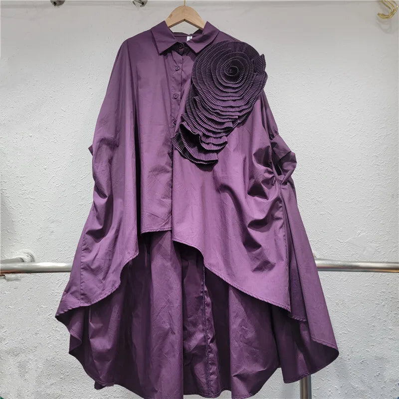 Women's Blouse Loose Irregular Solid Color Batwing Sleeve Flower Long Sleeve Casual Shirt