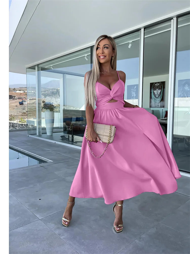 Dress for Women Slip Solid Hollow Out Maxi Dress