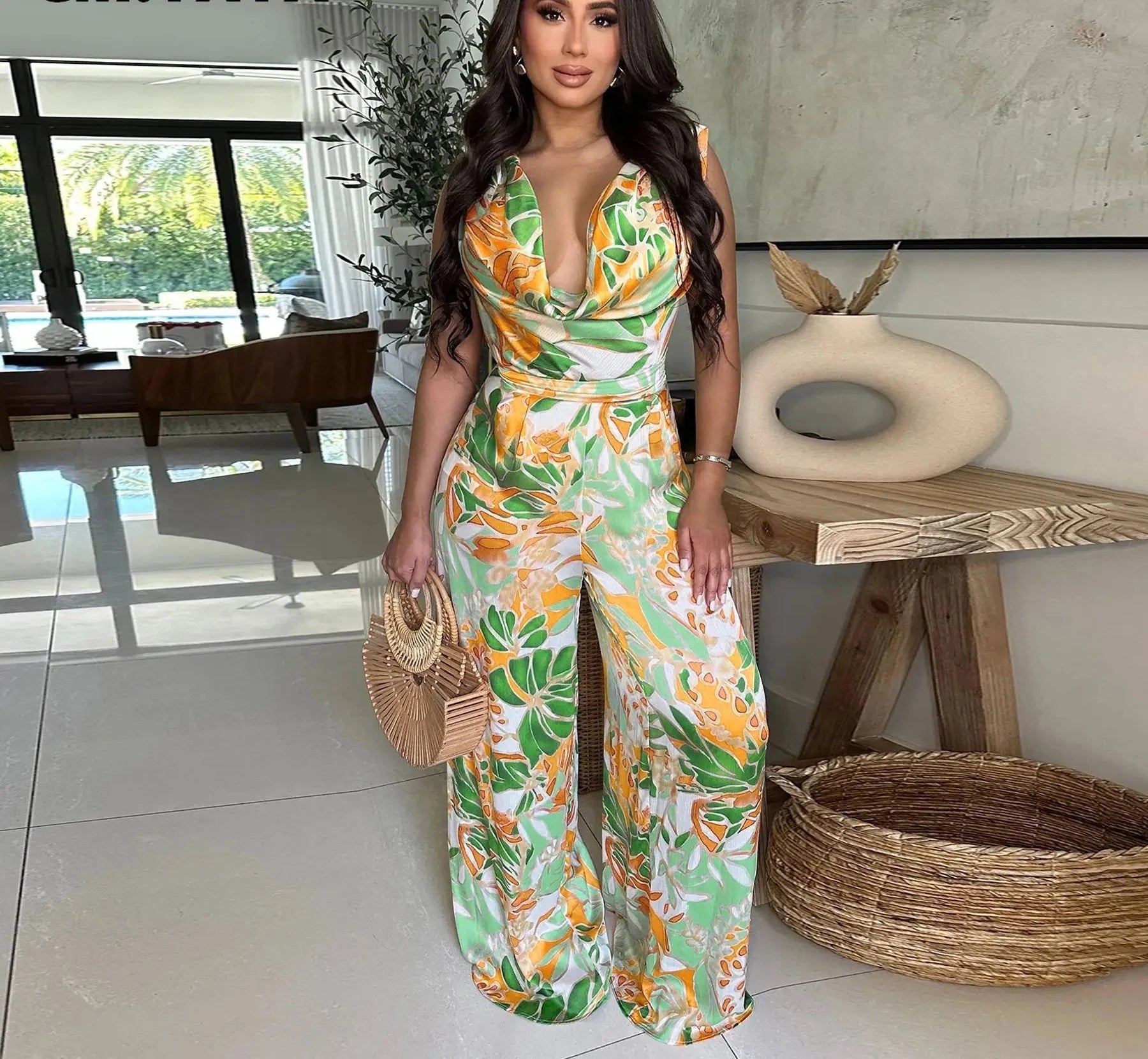 Women’s Leaf Printed Wide Leg Pile Neck Sleeveless Satin Jumpsuit