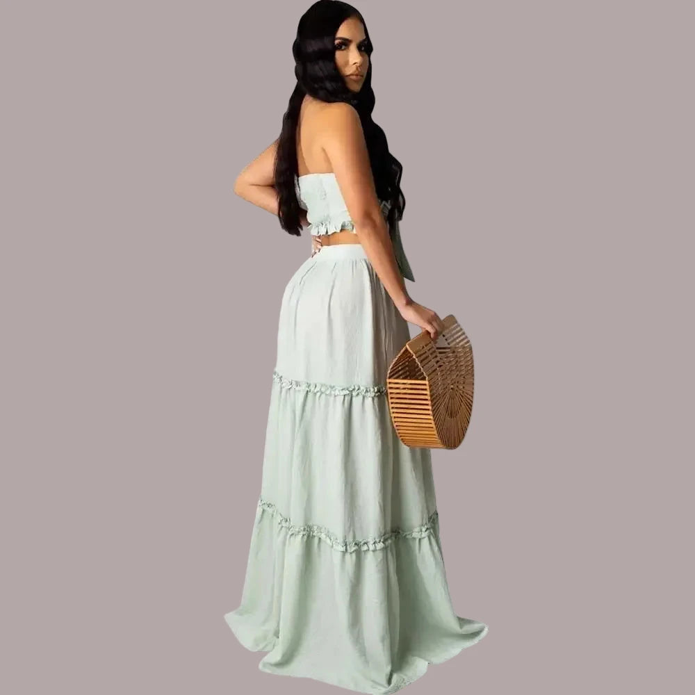 Women’s Solid Bohemian Bow Strapless Crop Top & Cascanding Ruffles Maxi Skirt Two Piece Set