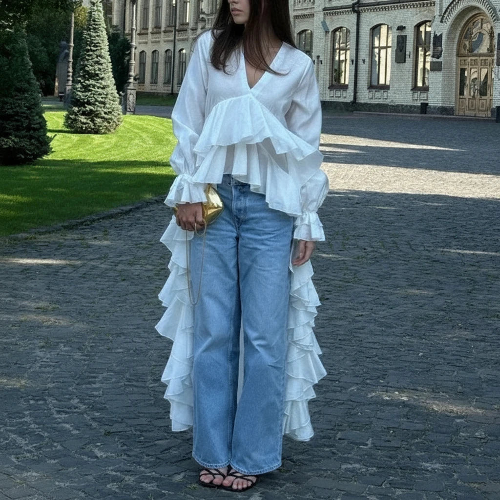 Women’s Solid Spliced Ruffles V Neck Long Sleeve Blouse