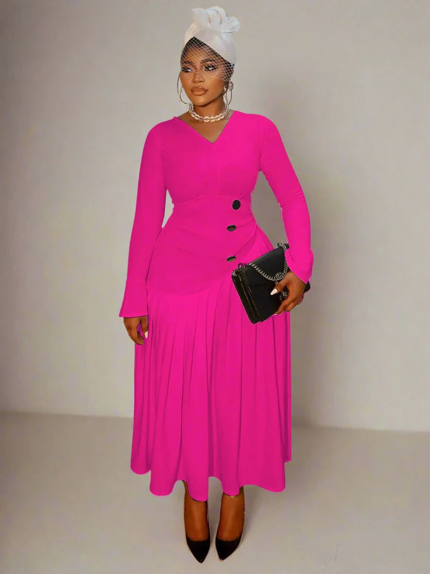 Plus Size Women’s Flare Long Sleeve V-neck Stacked Ruched A-line Maxi Dress