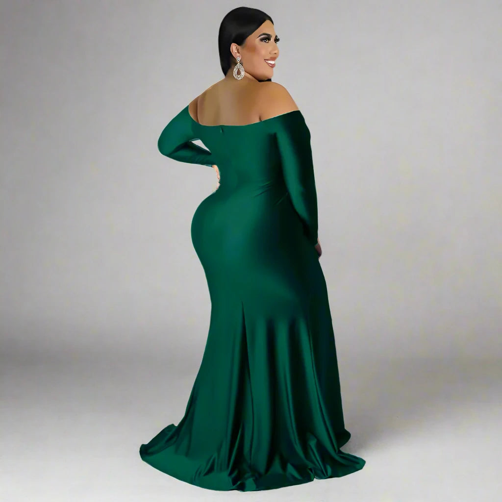Women’s Off Shoulder V-neck High Side Slit Mermaid Long Sleeve Maxi Dress