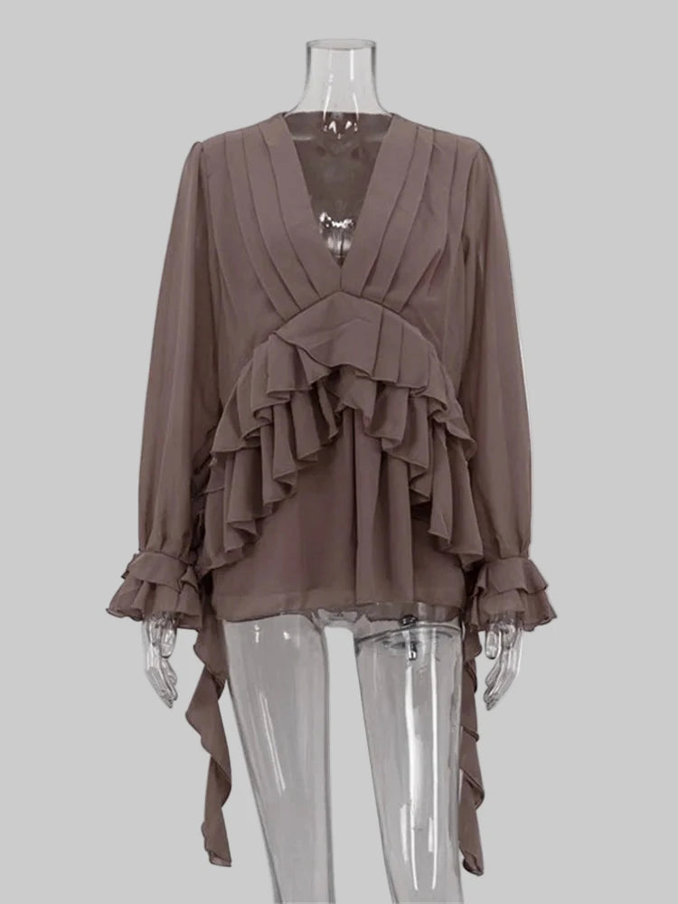 Chiffon Ruffled V-Neck Patchwork Long Sleeve Blouse