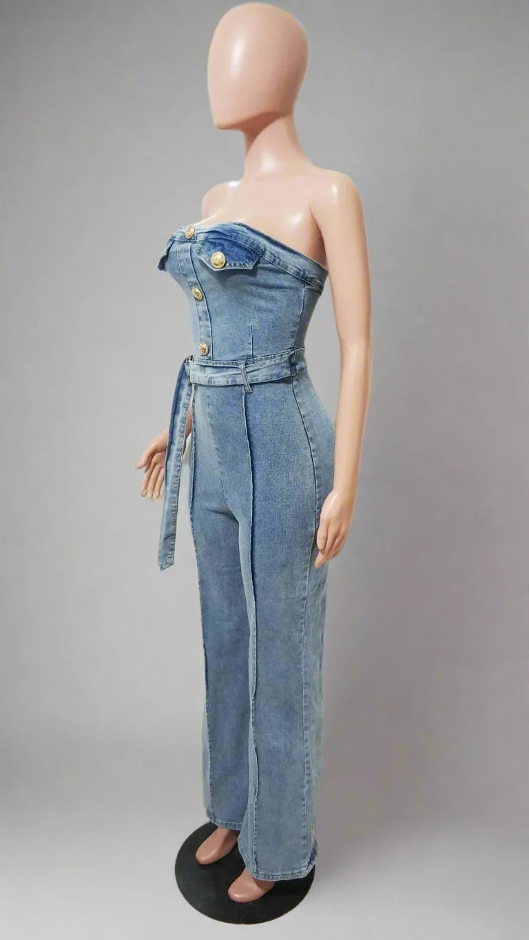 Women’s Sleeveless Button Straight Denim Strapless Jumpsuit