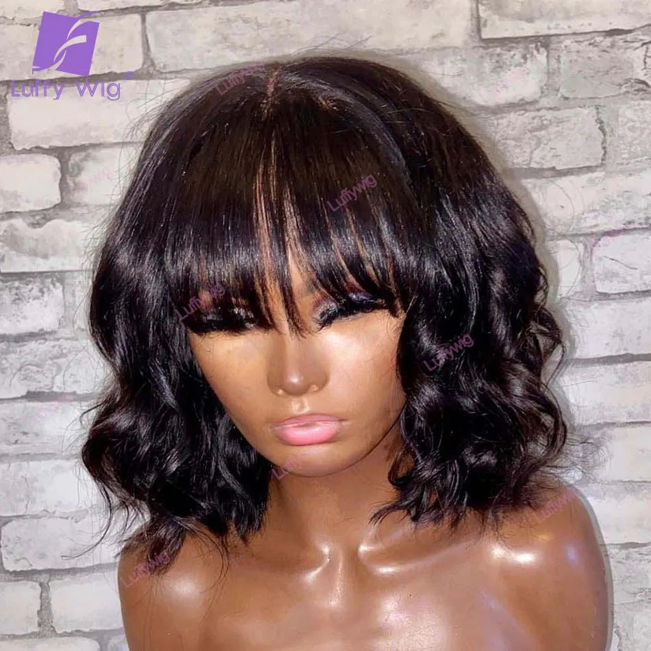 Short Human Hair Bob Wig With Bangs Brazilian Remy O Scalp Top Bang Wig Natural Wave