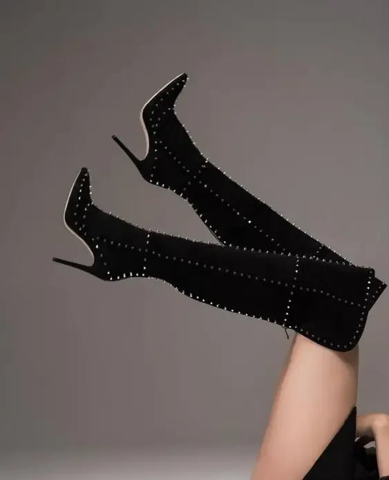 Thin High Heel Rivets Luxury Over The Knee Suede Pointed Toe Boots