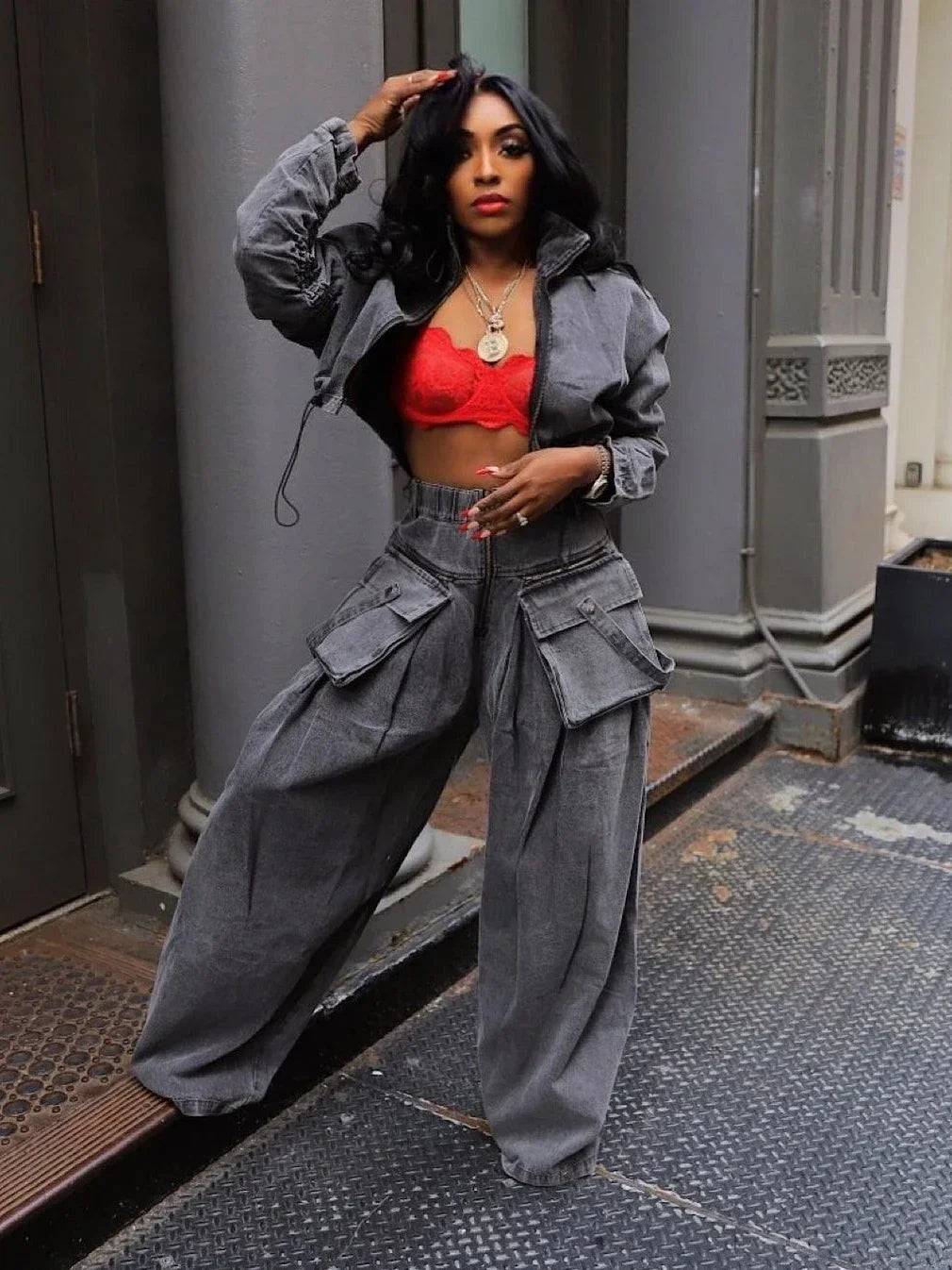 Women's Ruched Long Sleeve Jacket and Pocket Front Wide Leg High Waist Jeans Pants Set