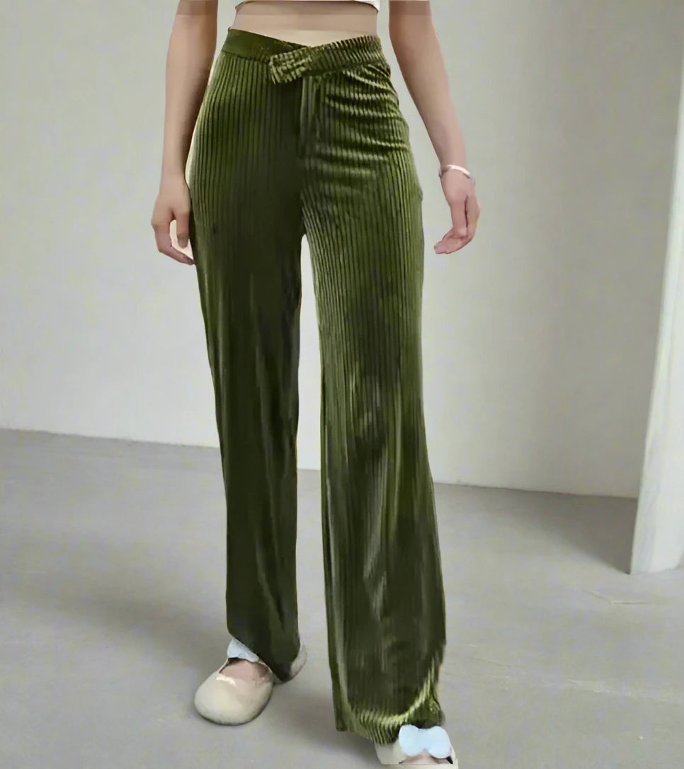 Women’s Corduroy Zipper Fly V-low Waist Straight Wide Leg Pants