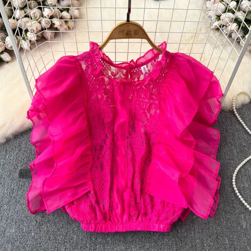 Women’s Stand Collar Lace Hollow Out Ruffles Blouse