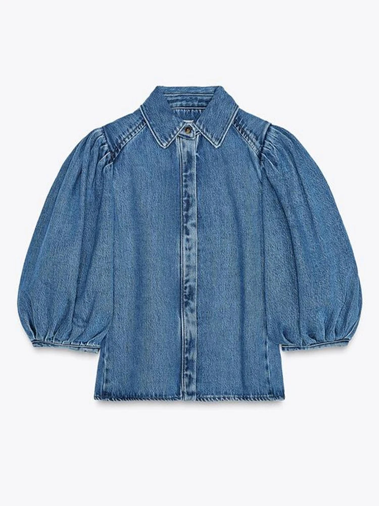 Women’s Denim Short Solid Lapel Half Puff Sleeve Single Breasted Pleated Top