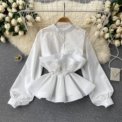 O Neck Puff Long Sleeve Ruffles Patchwork Slim Blouse