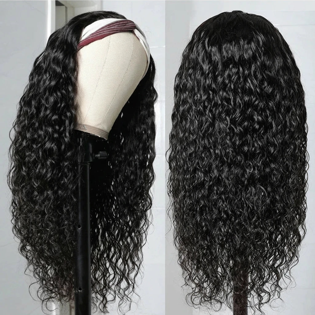 Headband Human Hair Water Wave Wig No Glue No Sew In Beginner Friendly