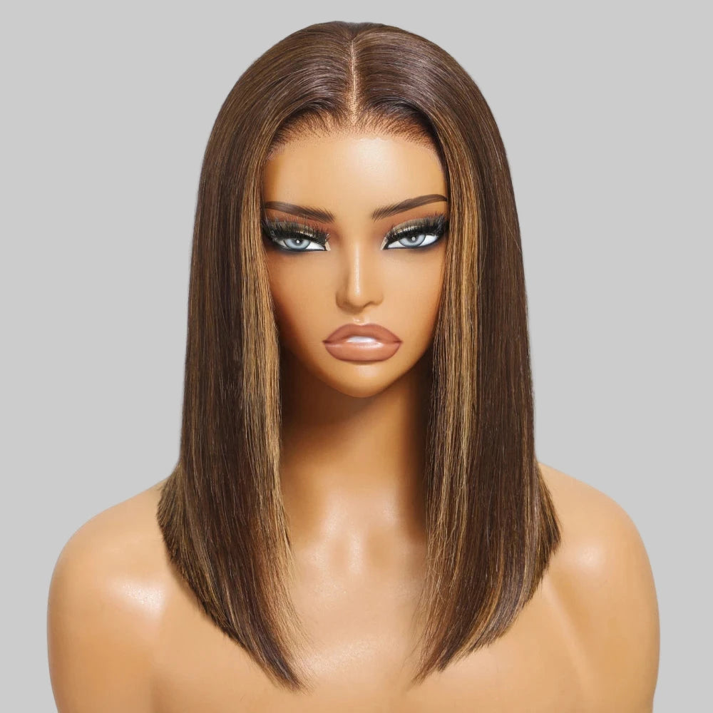 Unice Espresso Brown With Highlights Remy Hair Straight Bob Wig 7x5 Bye Bye Knots