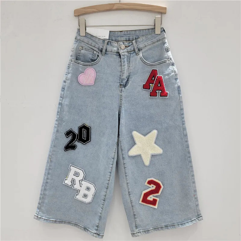 Women's Jeans High Waist Wide Leg Denim Calf-Length Pants