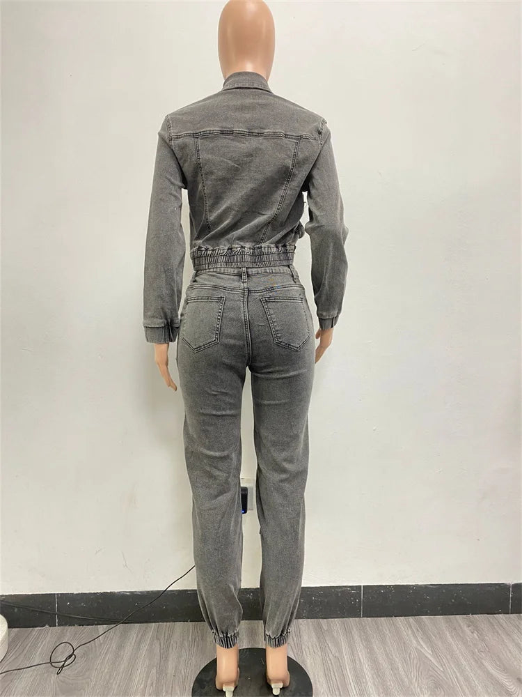 Denim Two Piece Set Women Jacket Coat Top Jeans Cargo Pants