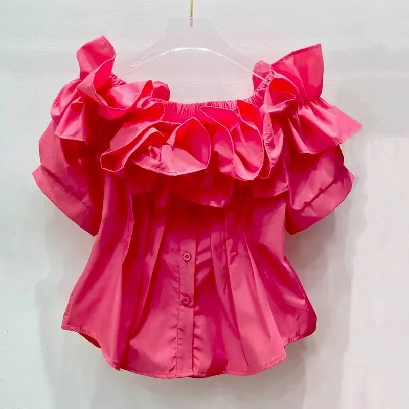 Women’s Pleated Tunic Ruffles Puff Sleeve Slash Neck Blouse