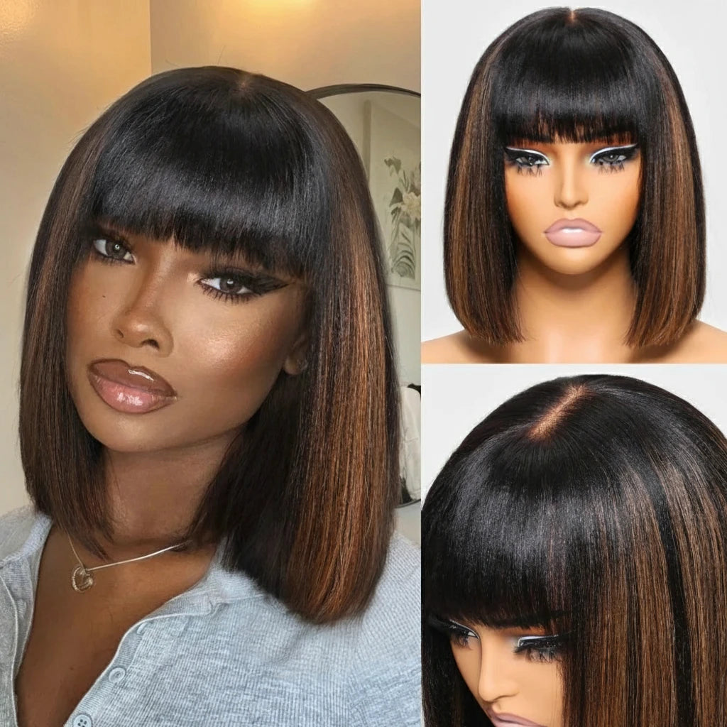 Balayage Highlight Yaki Straight Bob Wig With Bangs Scalp Middle Part 4x2 Lace 100% Human Hair Short Bob Wigs