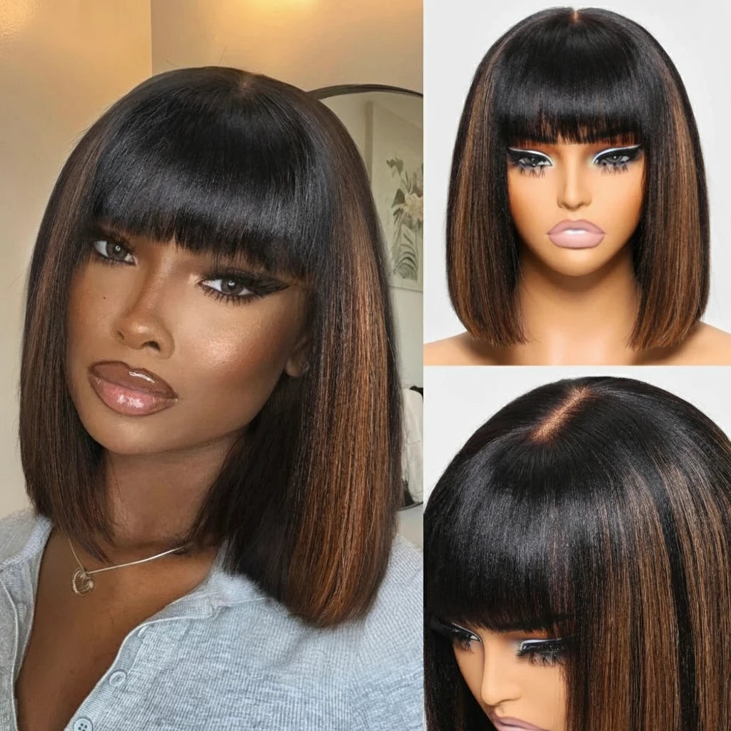 Yaki Straight Bob Wig With Bangs Real Scalp Middle Part 4x2 Lace Glueless Human Hair Ready To Wear