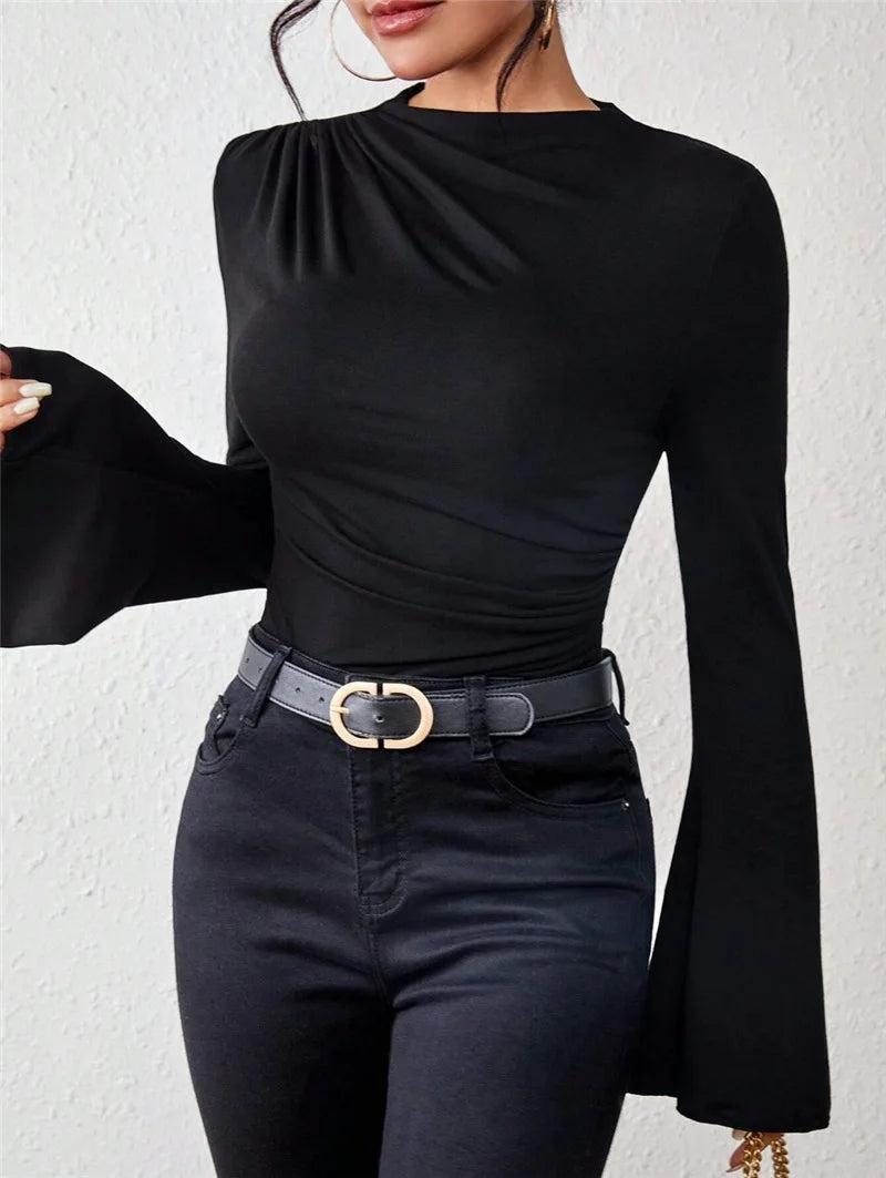Pleated Design-Inspired Flared Long Sleeves Slim Fit Blouse