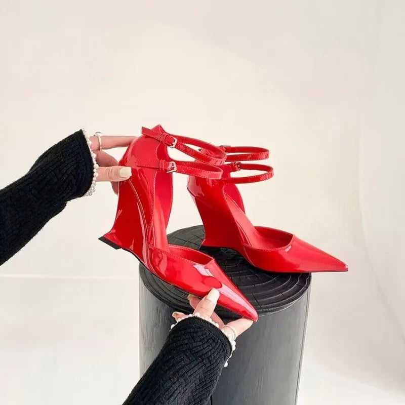 Women's Red Leather Pointed High Heeled Wedge Sandals