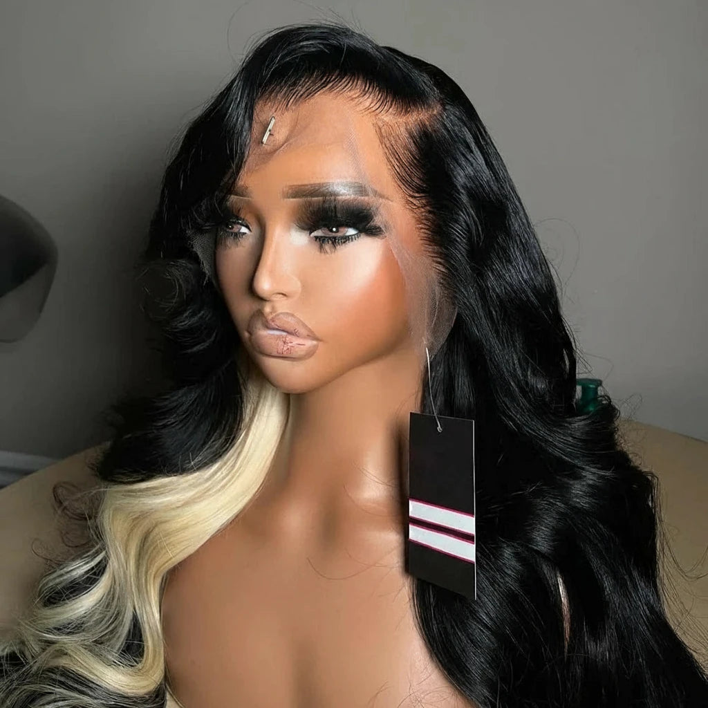 613 Blonde With Black Half Highlight 13X6 180 Density Human Hair 5X5 Lace Front Wig